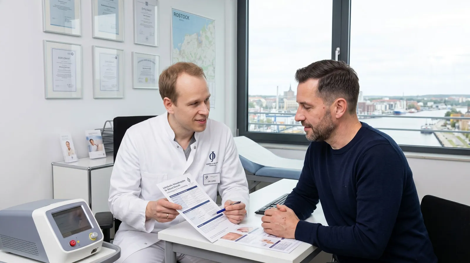 Allgemeine Dermatologie in Rostock, Dr. Dr. Ole Jung im Beratungsgespräch mit einem Patienten